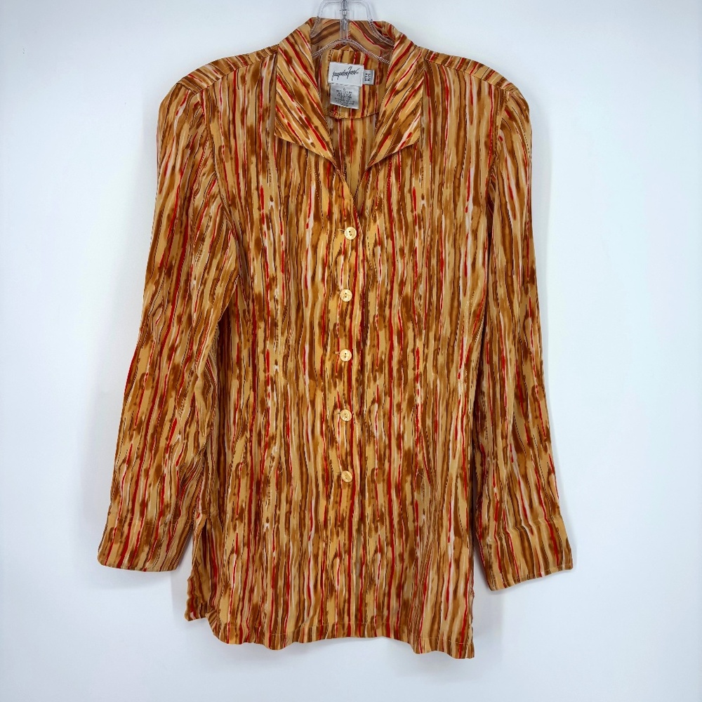 Jacqueline Ferrar Womens 6P Petite Button Up Tunic Top 100% Silk Tan Orange Red